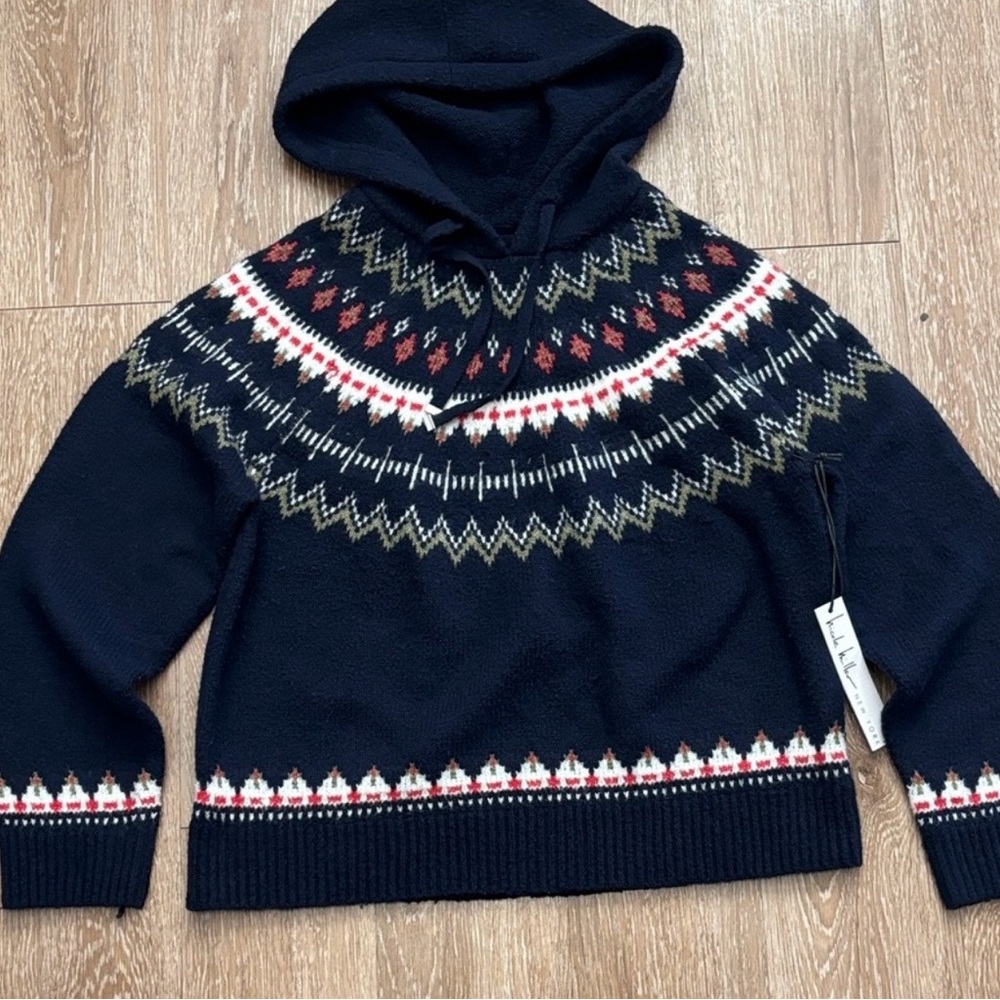 Nicole Miller Navy Blue fair isle hooded sweater